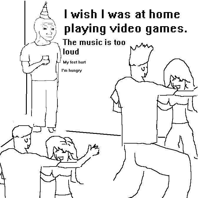 Wojak at party; wishing he was at home playing videogames